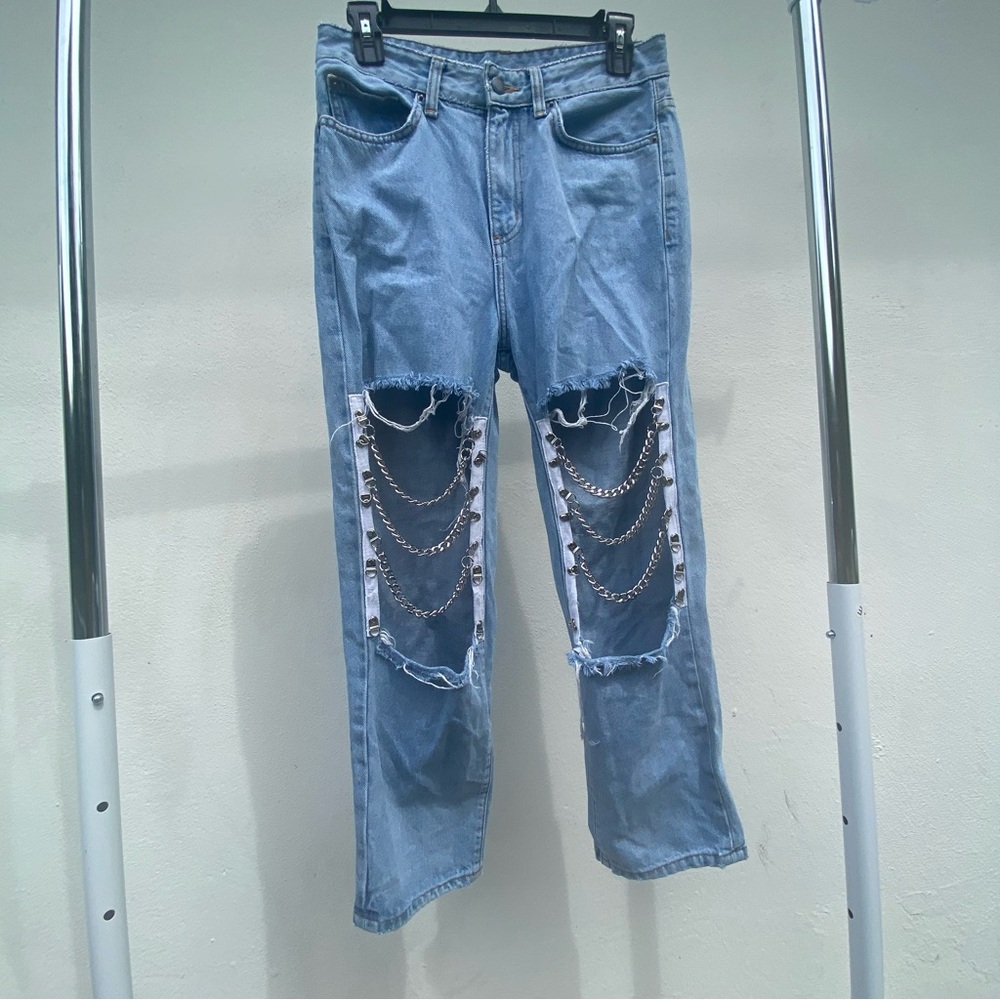 Y2K Carmar Galexia Chain Knee Distressed Blue Denim Jeans Size 26